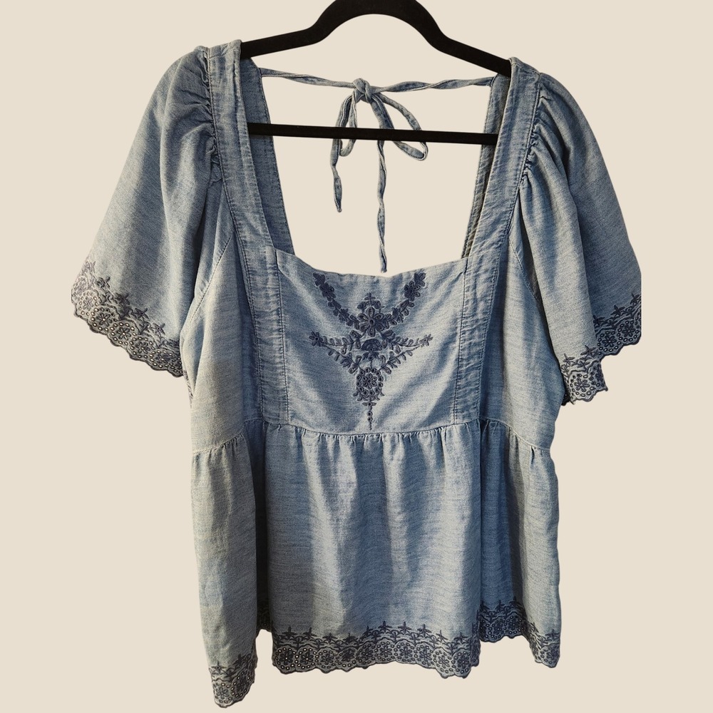 Old Navy XXL Chambray Eyelet Puff Sleeve Top Boho CottageCore Fall Transition